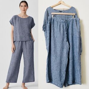 Eileen Fisher 1X Puckered 100% organic linen wide leg pants and top set